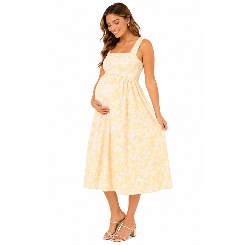 The Nines by HATCH Butter Yellow Floral Maternity Midi Dress Cottagecore Small